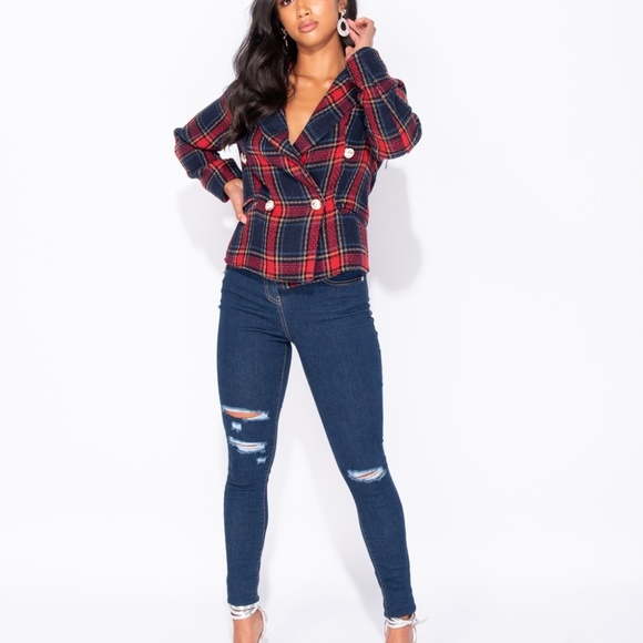 Theron Navy & Red Plaid Double Breasted Blazer - Picture 5 of 8